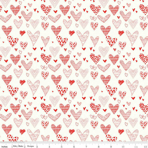 20" End of Bolt - From the Heart Hearts C10051 Cream - Riley Blake - Valentine's Red Pattern-Filled Hearts on Cream - Quilting Cotton Fabric