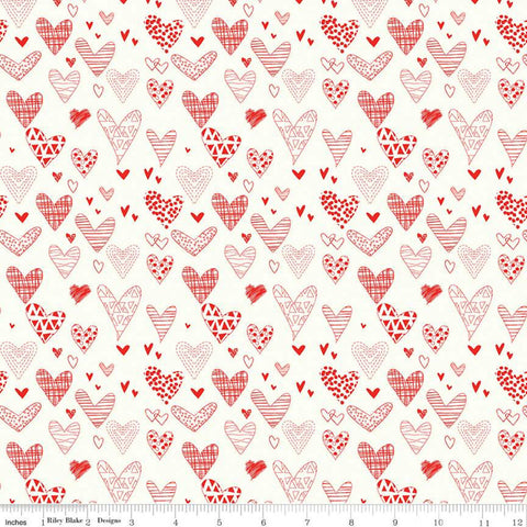 20" End of Bolt - From the Heart Hearts C10051 Cream - Riley Blake - Valentine's Red Pattern-Filled Hearts on Cream - Quilting Cotton Fabric