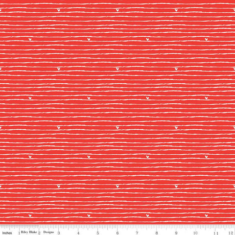 23" End of Bolt - CLEARANCE From the Heart Stripes C10054 Red - Riley Blake - Valentine's Cream Striped Hearts - Quilting Cotton Fabric