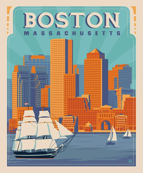 SALE Destinations Poster Panel P10162 Boston by Riley Blake Designs - Boston Massachusetts Waterfront Skyline - Quilting Cotton Fabric