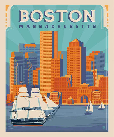 SALE Destinations Poster Panel P10162 Boston by Riley Blake Designs - Boston Massachusetts Waterfront Skyline - Quilting Cotton Fabric