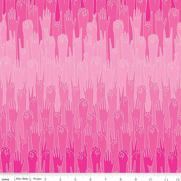 CLEARANCE Grl Pwr Put Your Hands Up C10650 Pink - Riley Blake Designs - Girl Power Girls Hand - Quilting Cotton Fabric