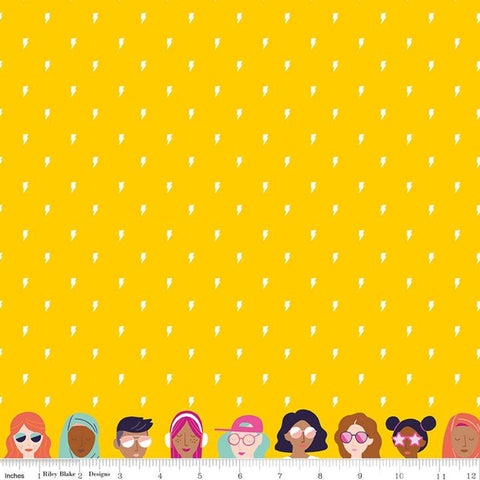 SALE Grl Pwr Lightning C10652 Yellow - Riley Blake Designs - White Bolts Girl Power Edge Borders of Girls Figures - Quilting Cotton Fabric