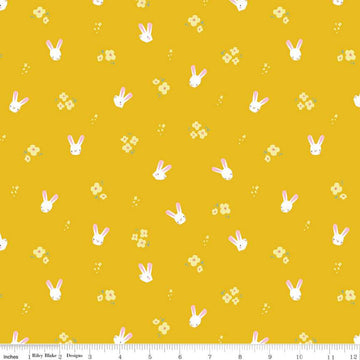 CLEARANCE Easter Egg Hunt Bunnies C10273 Mustard - Riley Blake Designs - Spring Flowers Bunny Heads on Yellow Gold  - Quilting Cotton Fabric