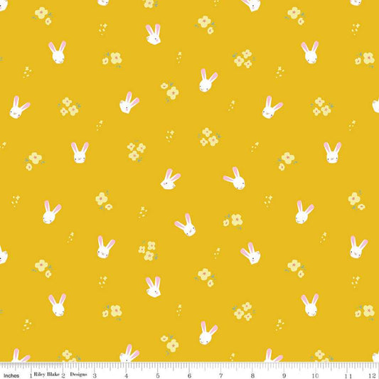 CLEARANCE Easter Egg Hunt Bunnies C10273 Mustard - Riley Blake Designs - Spring Flowers Bunny Heads on Yellow Gold  - Quilting Cotton Fabric