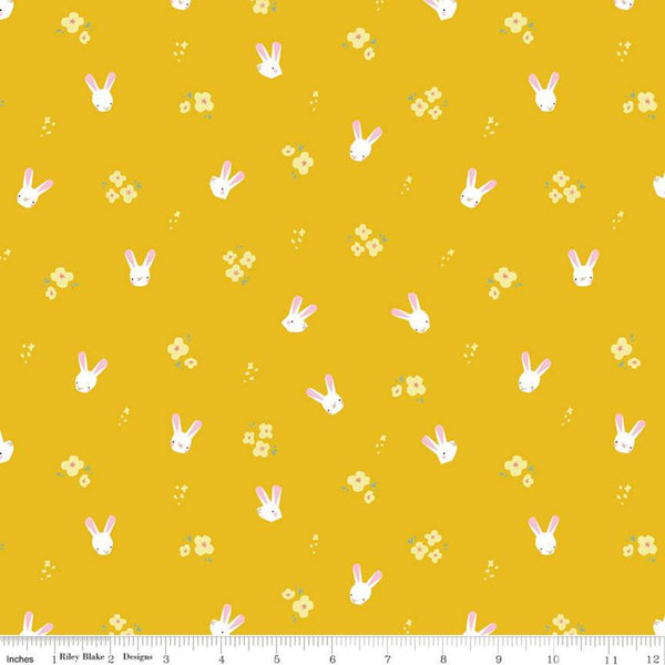 SALE Easter Egg Hunt Bunnies C10273 Mustard - Riley Blake Designs - Spring Flowers Bunny Heads on Yellow Gold  - Quilting Cotton Fabric