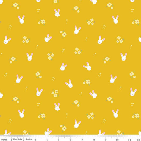 SALE Easter Egg Hunt Bunnies C10273 Mustard - Riley Blake Designs - Spring Flowers Bunny Heads on Yellow Gold  - Quilting Cotton Fabric