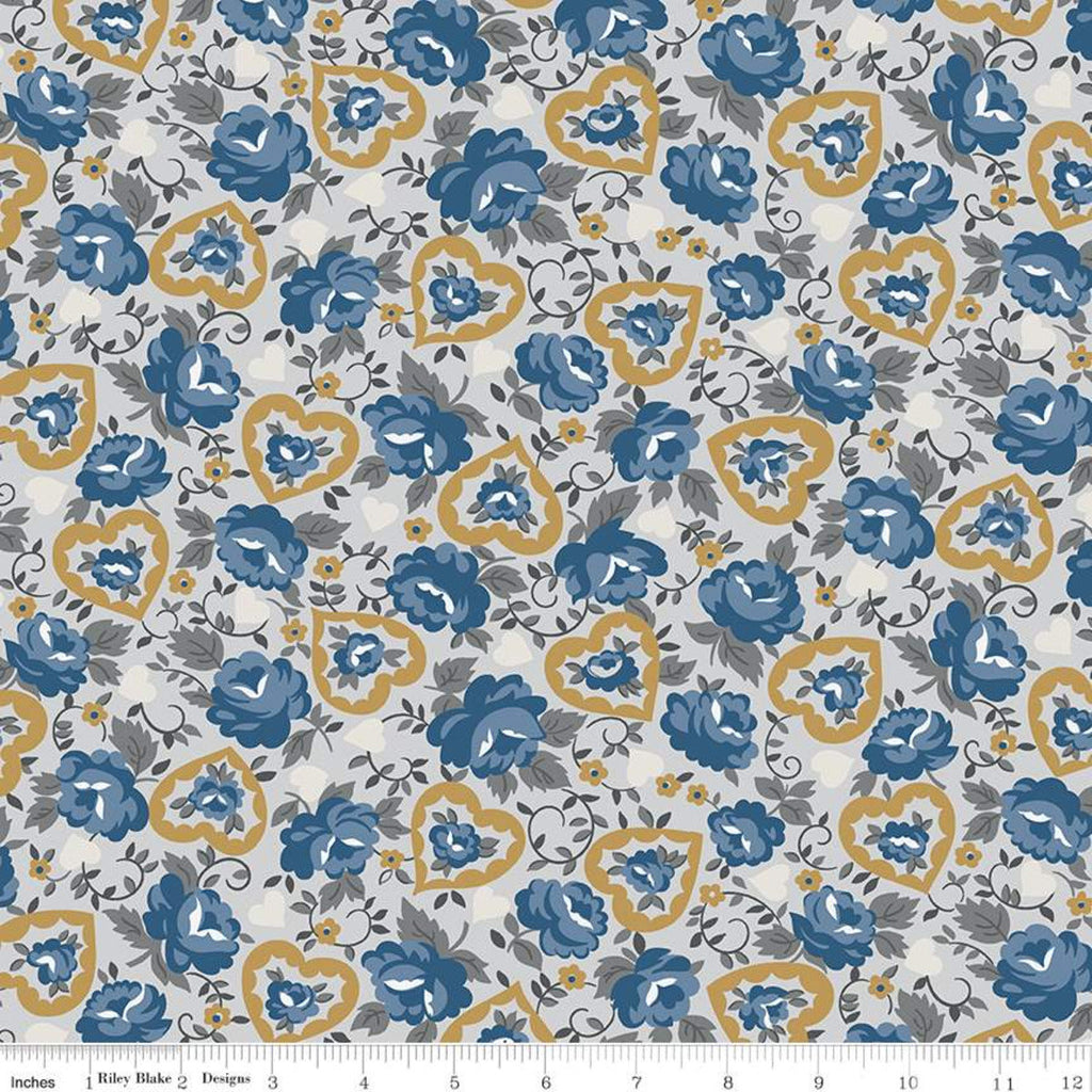 23" End of Bolt Piece - CLEARANCE Delightful Hearts C10252 Gray - Riley Blake Designs - Floral Flowers - Quilting Cotton Fabric