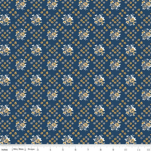 33" End of Bolt - CLEARANCE Delightful Bias Floral C10254 Navy - Riley Blake - Floral Flowers Diagonal Lattice Blue - Quilting Cotton Fabric