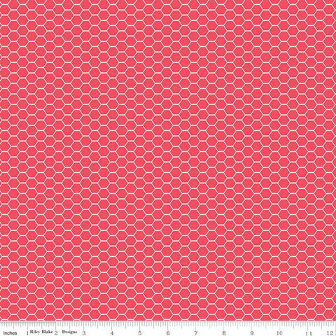 Fat Quarter End of Bolt - SALE Down on the Farm Chicken Wire C10075 Red - Riley Blake - Children's Hexagons - Quilting Cotton Fabric