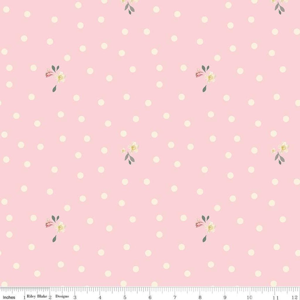 14" End of Bolt - Rose and Violet's Garden Dots C10415 Blush - Riley Blake - 1/4" Polka Dots Flowers Cream Pink - Quilting Cotton Fabric