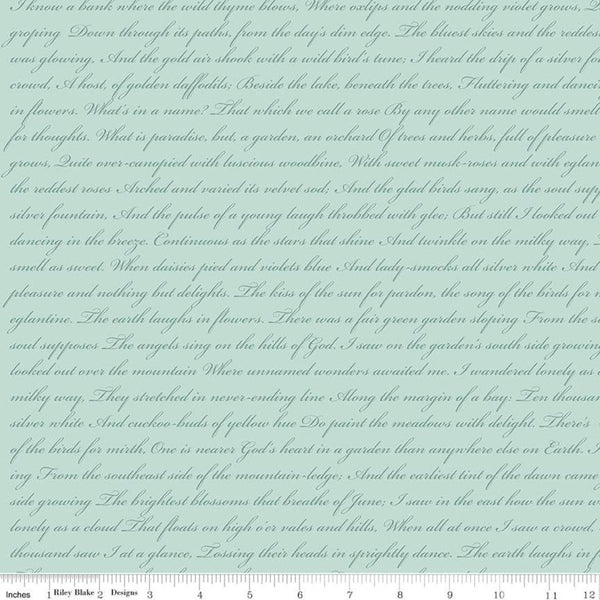 SALE Rose and Violet's Garden Text C10416 Songbird - Riley Blake Designs - Script Words Phrases Blue Aqua  - Quilting Cotton Fabric