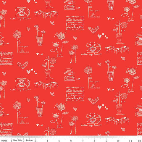 CLEARANCE From the Heart Main C10050 Red - Riley Blake - Valentine's Cream Flowers Typewriters Hearts Telephones - Quilting Cotton Fabric