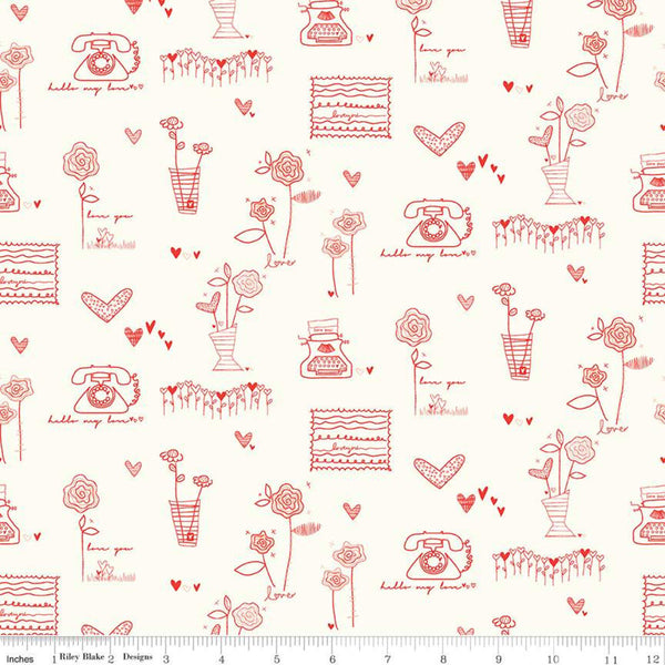 SALE From the Heart Main C10050 Cream - Riley Blake Designs - Valentine's Red Flowers Typewriters Hearts Telephones - Quilting Cotton Fabric