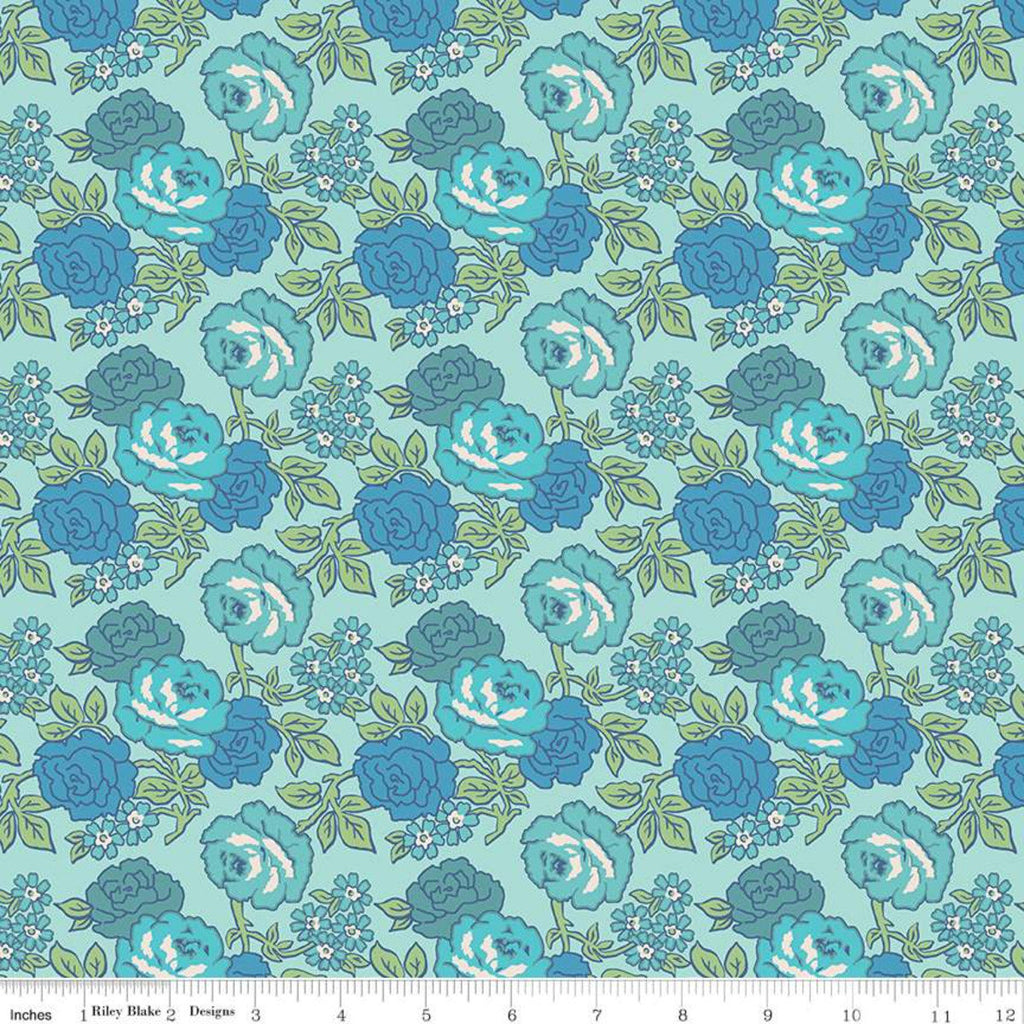 SALE Flea Market Roses C10210 Songbird - Riley Blake Designs - Flowers Floral Blue Aqua  - Lori Holt - Quilting Cotton Fabric