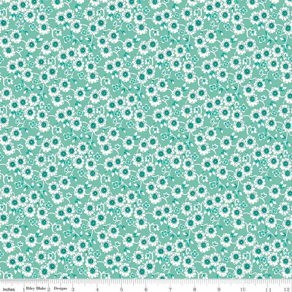SALE Flea Market Teapot C10211 Sea Glass - Riley Blake Designs -  White Flowers Floral on Green Teal  - Lori Holt - Quilting Cotton Fabric
