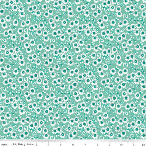 SALE Flea Market Teapot C10211 Sea Glass - Riley Blake Designs -  White Flowers Floral on Green Teal  - Lori Holt - Quilting Cotton Fabric