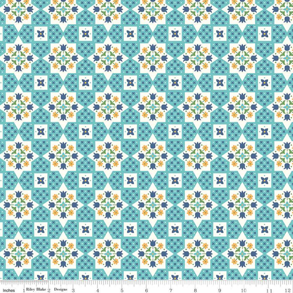 CLEARANCE Flea Market Applique C10212 Cottage - Riley Blake Designs -  Geometric X's O's Flowers Floral Blue  - Quilting Cotton Fabric