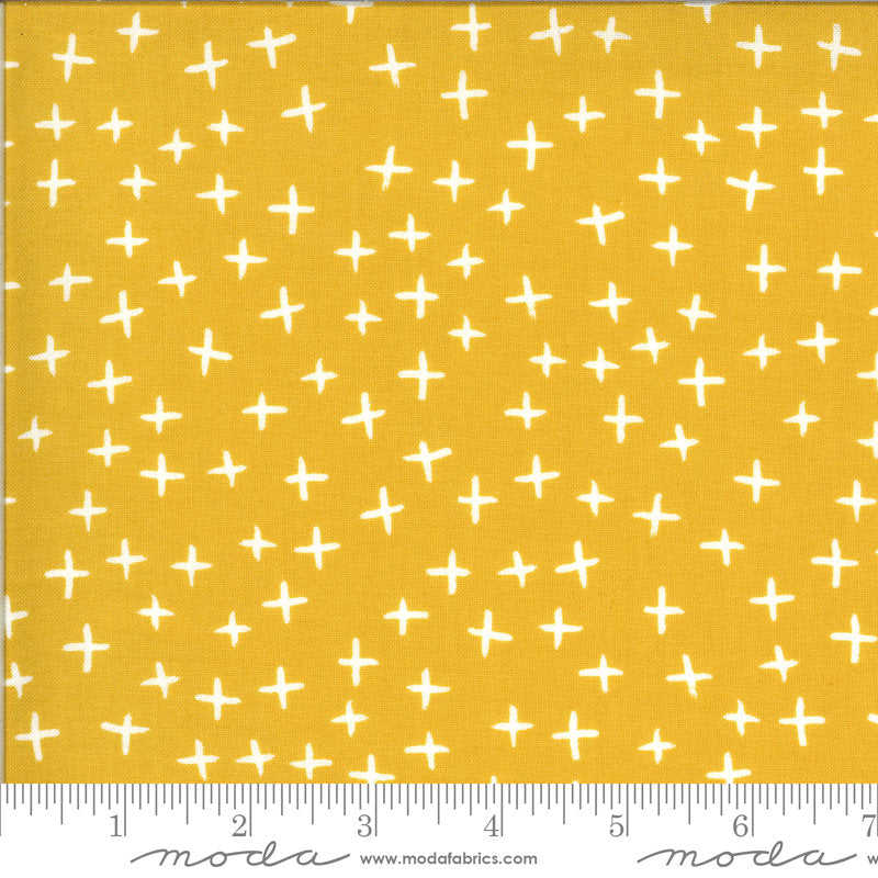 Fat Quarter End of Bolt Piece - Quotation Plus 1734 Mustard - Moda - Yellow Gold Natural Off-White Plus Signs  - Quilting Cotton Fabric