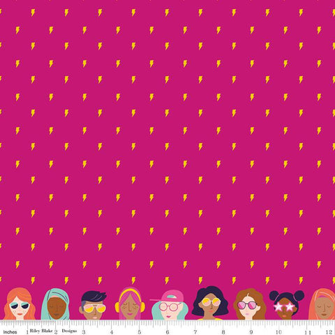CLEARANCE Grl Pwr Lightning C10652 Fuchsia - Riley Blake Designs - Pink Girl Power Edge Borders of Girls Figures - Quilting Cotton Fabric