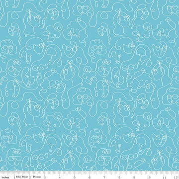 CLEARANCE Grl Pwr Line Faces C10653 Aqua - Riley Blake Designs - Girl Power Outlined Faces Heads Blue with White - Quilting Cotton Fabric