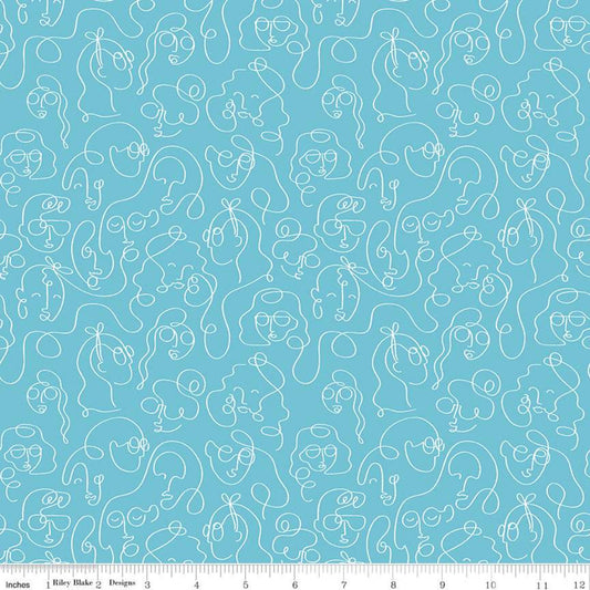 CLEARANCE Grl Pwr Line Faces C10653 Aqua - Riley Blake Designs - Girl Power Outlined Faces Heads Blue with White - Quilting Cotton Fabric
