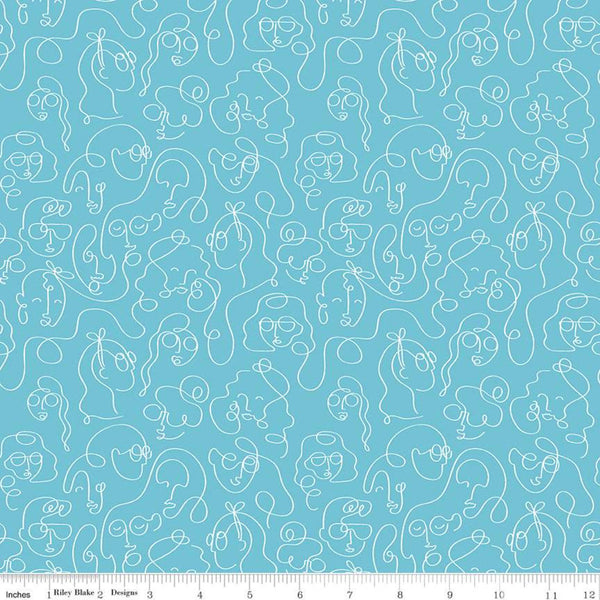 SALE Grl Pwr Line Faces C10653 Aqua - Riley Blake Designs - Girl Power Outlined Faces Heads Blue with White - Quilting Cotton Fabric