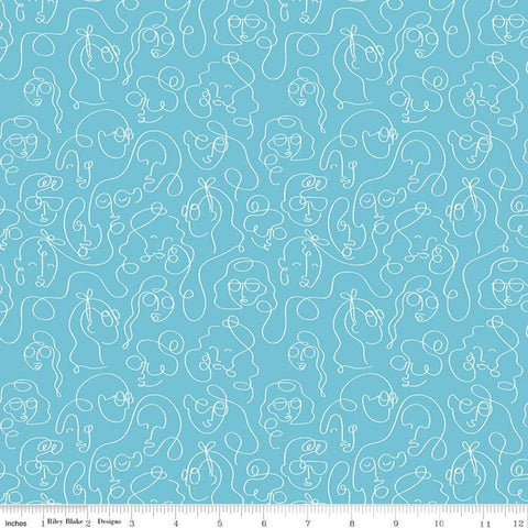 SALE Grl Pwr Line Faces C10653 Aqua - Riley Blake Designs - Girl Power Outlined Faces Heads Blue with White - Quilting Cotton Fabric