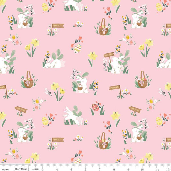 SALE Easter Egg Hunt Main C10270 Powder - Riley Blake Designs - Spring Bunnies Rabbits Baskets Flowers Eggs Pink -  Quilting Cotton Fabric