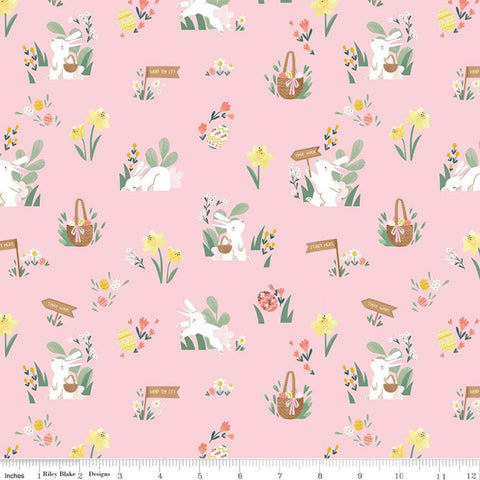 23" End of Bolt - SALE Easter Egg Hunt Main C10270 Powder - Riley Blake - Spring Bunnies Rabbit Basket Flower Pink -  Quilting Cotton Fabric