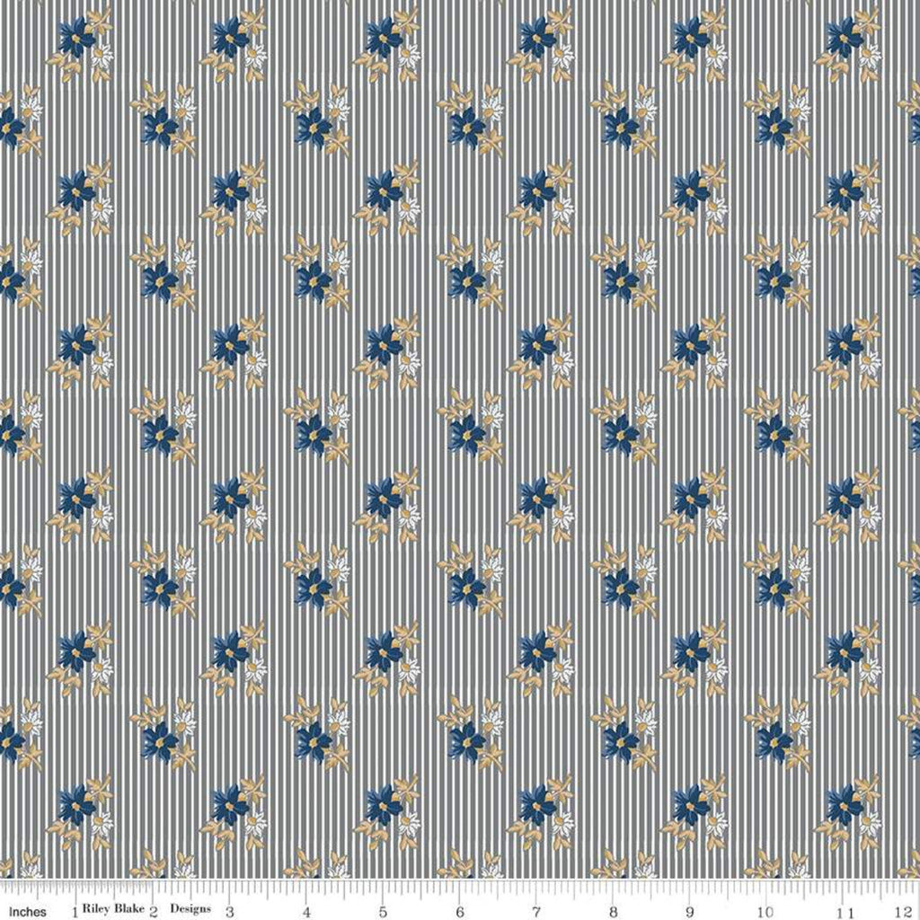32" End of Bolt - Delightful Stripes C10255 Gray - Riley Blake Designs - Floral Flowers on Striped Background - Quilting Cotton Fabric