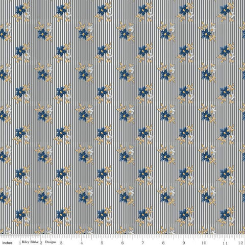 32" End of Bolt - Delightful Stripes C10255 Gray - Riley Blake Designs - Floral Flowers on Striped Background - Quilting Cotton Fabric