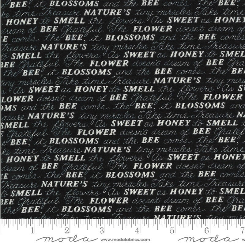 30" End of Bolt - CLEARANCE Bee Grateful Sweet Words 19963 Ebony - Moda - Text Nature Honey Bee Black - Quilting Cotton Fabric