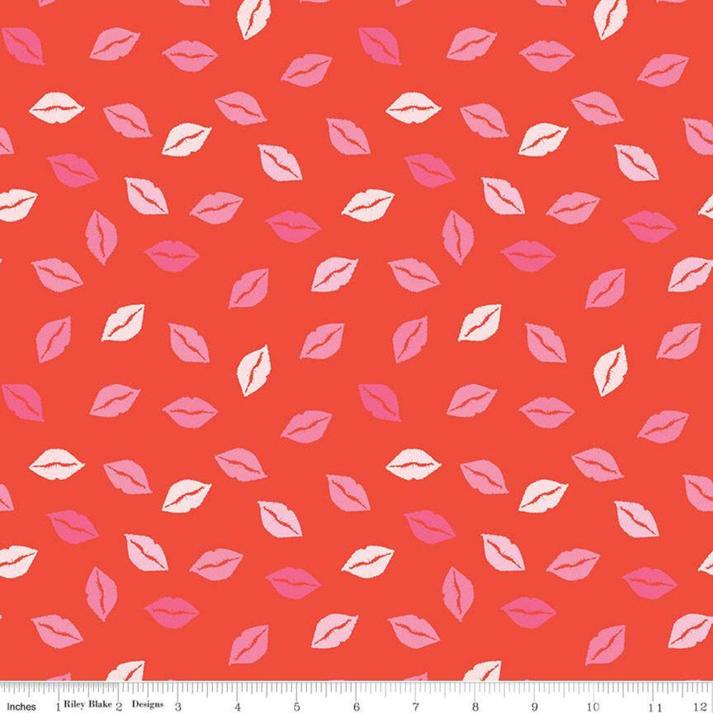 CLEARANCE Sending Love Kisses C10084 Red - Riley Blake Designs - Valentine's Pink Lips on Red - Quilting Cotton Fabric
