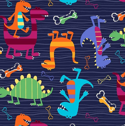 19" End of Bolt -SALE Dino Dudes Midnite CX4430-MIDN-D -Michael Miller - Blue Orange Green Dinosaurs Bones Juvenile - Quilting Cotton Fabric