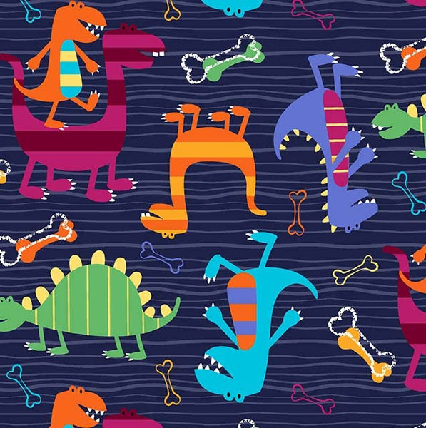 SALE Dino Dudes Midnite CX4430-MIDN-D by Michael Miller - Blue Orange Green Dinosaurs Bones Juvenile - Quilting Cotton Fabric