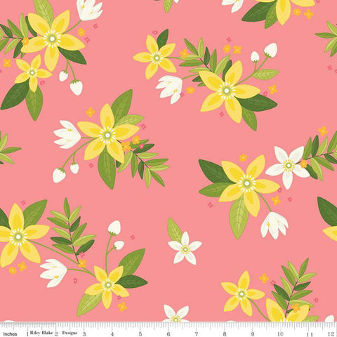 SALE Grove Main C10140 Grapefruit - Riley Blake Designs - Floral Pink with Yellow Off-White Flowers - Quilting Cotton Fabric