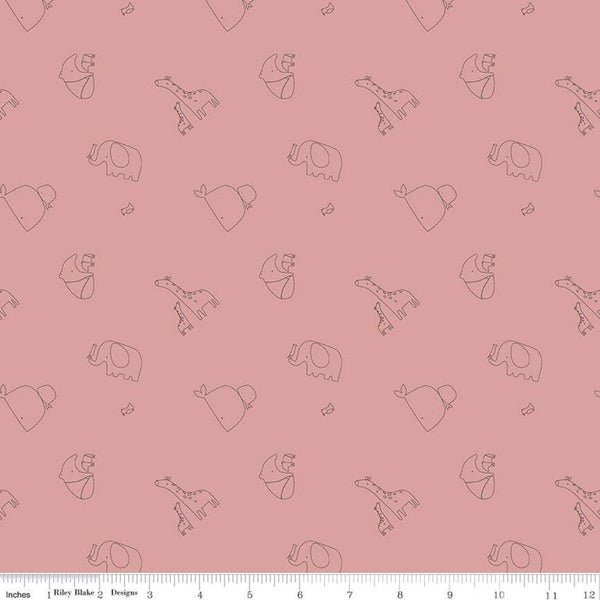 SALE Little One K10436 Shell KNIT - Riley Blake Designs - Outlined Animals Children's Pink - Jersey KNIT cotton  stretch fabric