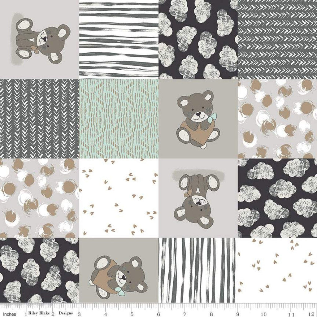 SALE Sleep Tight Cheater SC10261 Gray SPARKLE - Riley Blake - 3" Patchwork Squares Bears Hearts Clouds SPARKLE - Quilting Cotton Fabric