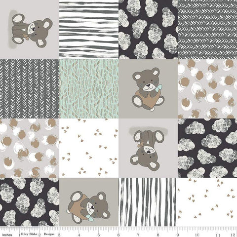 SALE Sleep Tight Cheater SC10261 Gray SPARKLE - Riley Blake - 3" Patchwork Squares Bears Hearts Clouds SPARKLE - Quilting Cotton Fabric