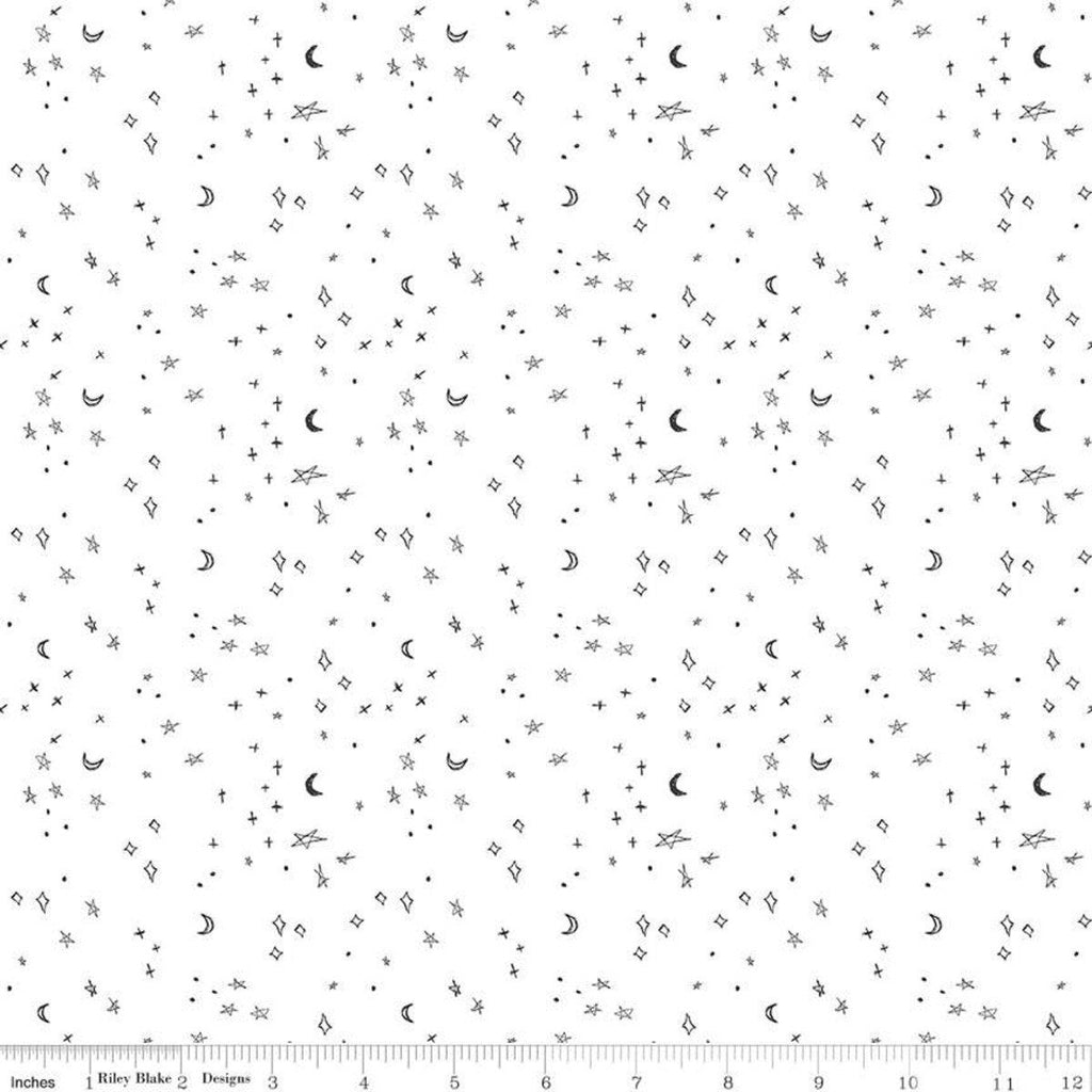 28" end of Bolt - Sleep Tight Starry Night C10264 White - Riley Blake - Stars Moons Diamonds Dots Gray on White -  Quilting Cotton Fabric