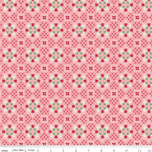 Flea Market Applique C10212 Coral - Riley Blake Designs -  Geometric X's O's Flowers Floral Pink  - Lori Holt - Quilting Cotton Fabric