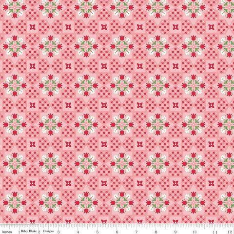 Flea Market Applique C10212 Coral - Riley Blake Designs -  Geometric X's O's Flowers Floral Pink  - Lori Holt - Quilting Cotton Fabric