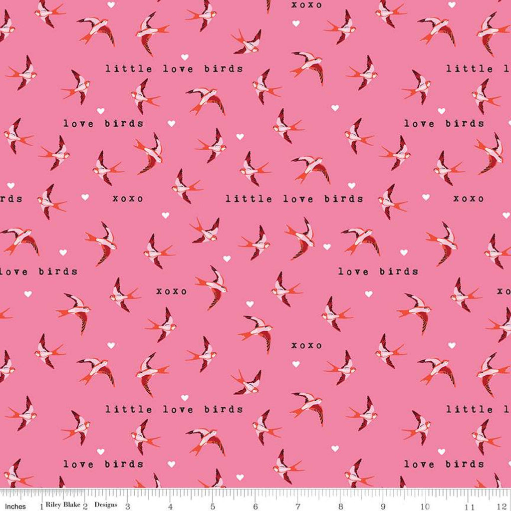 CLEARANCE Sending Love Birds C10083 Pink - Riley Blake Designs - Valentine's Little Love Birds Hearts Text Words - Quilting Cotton Fabric
