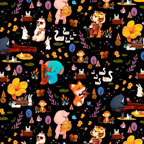 Woodland Musicians Forest Jam DC9012 Black by Michael Miller - Animals Music Musical Instruments Juvenile - Quilting Cotton Fabric