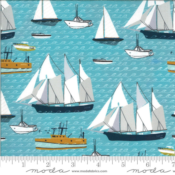 CLEARANCE Lakeside Story Boats 13352 Freshwater - Moda Fabrics - Boat Sailboats Outdoors Great Lakes Light Blue - Quilting Cotton Fabric