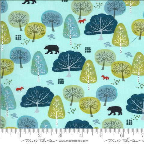 SALE Lakeside Story Fox Forest 13353 Robins Egg - Moda Fabrics - Trees Foxes Bears Outdoors Great Lakes Aqua Blue - Quilting Cotton Fabric