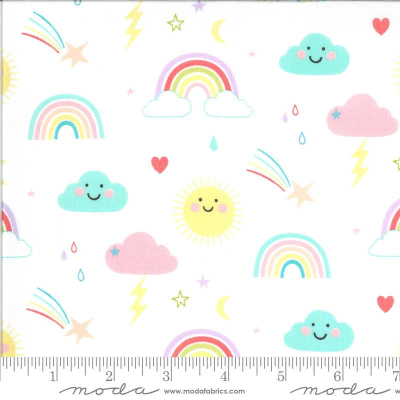 SALE Hello Sunshine Rainbows 35350 White - Moda Fabrics - Children's Juvenile Clouds Suns Raindrops Stars - Quilting Cotton Fabric