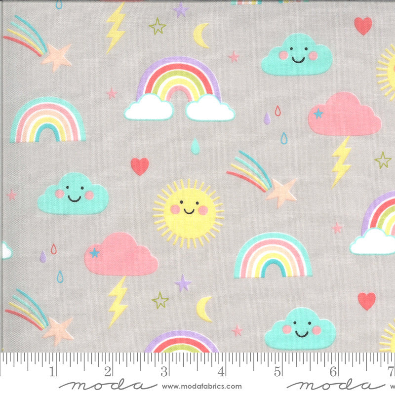 29" End of Bolt - CLEARANCE Hello Sunshine Rainbows 35350 Cloudy - Moda - Children's Clouds Suns Raindrops Stars Gray - Quilting Fabric