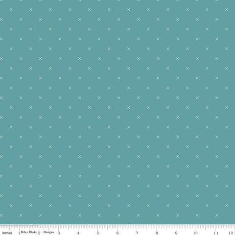 SALE Bee Cross Stitch C745 Riley Teal by Riley Blake Designs - Cloud Off-White Xs on Blue Green - Lori Holt - Quilting Cotton Fabric